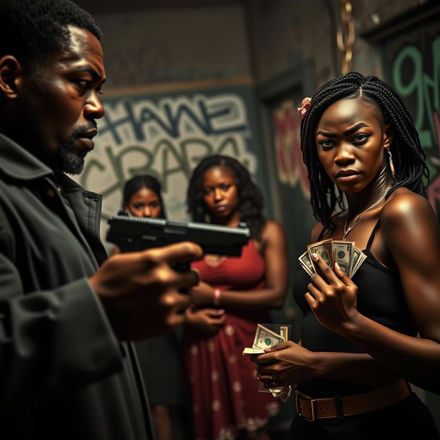 An intense atmosphere focusing on a black couple in the foreground, with the male figure holding a vintage gun, his expression fierce and confrontational