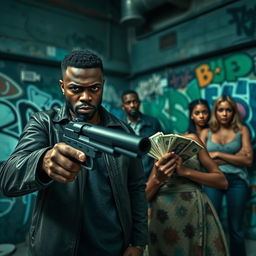 An intense atmosphere focusing on a black couple in the foreground, with the male figure holding a vintage gun, his expression fierce and confrontational