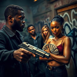 An intense atmosphere focusing on a black couple in the foreground, with the male figure holding a vintage gun, his expression fierce and confrontational