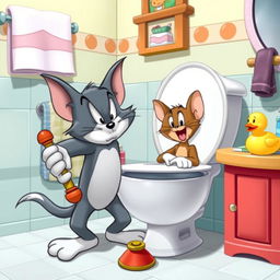A whimsical and cartoonish scene featuring Tom and Jerry, where they are humorously interacting in a comically exaggerated bathroom