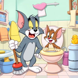 A whimsical and cartoonish scene featuring Tom and Jerry, where they are humorously interacting in a comically exaggerated bathroom