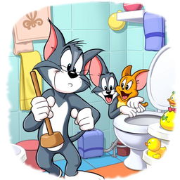 A whimsical and cartoonish scene featuring Tom and Jerry, where they are humorously interacting in a comically exaggerated bathroom