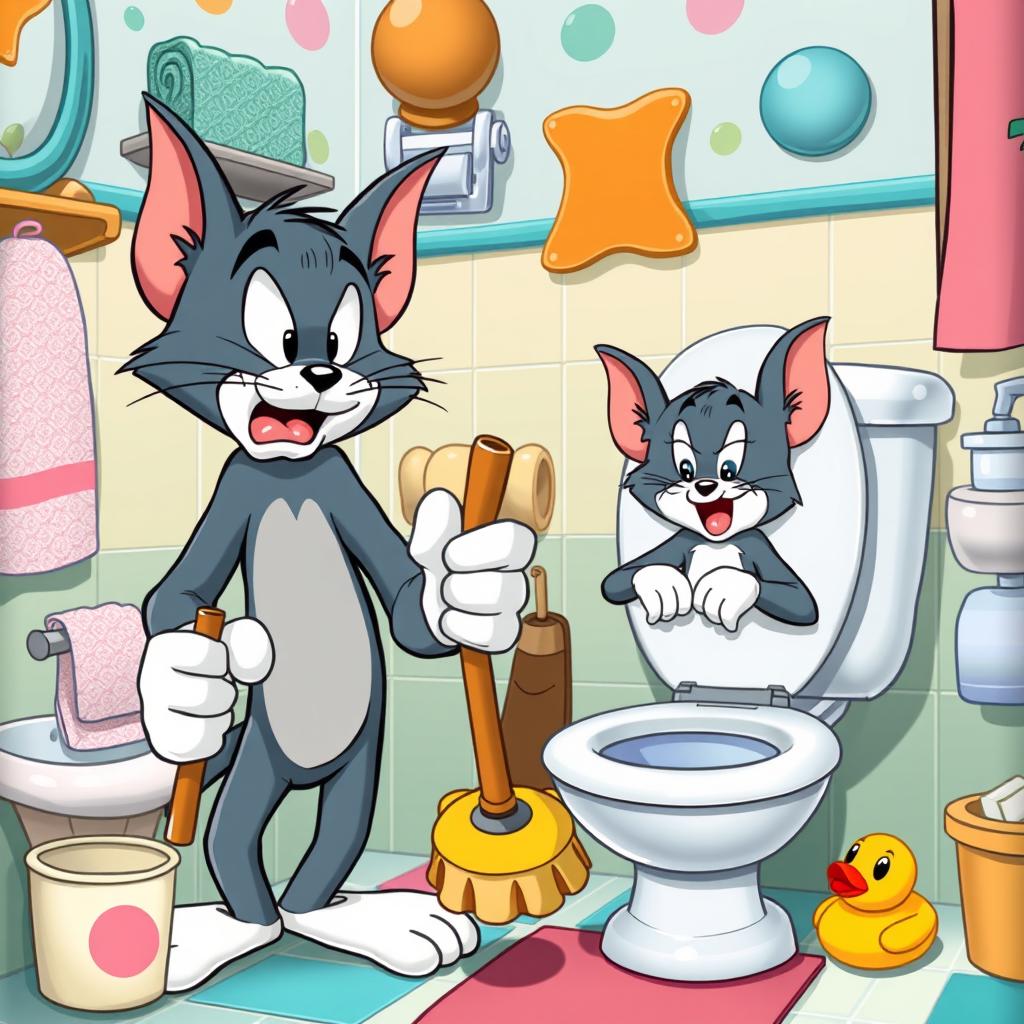 A whimsical and cartoonish scene featuring Tom and Jerry, where they are humorously interacting in a comically exaggerated bathroom