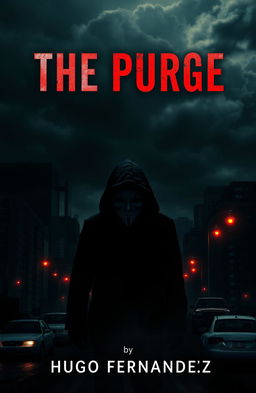 A captivating book cover design for 'The Purge' by Hugo Fernández, featuring a dark and dystopian cityscape backdrop with ominous clouds and dim lighting