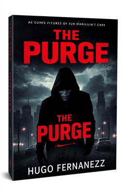 A captivating book cover design for 'The Purge' by Hugo Fernández, featuring a dark and dystopian cityscape backdrop with ominous clouds and dim lighting