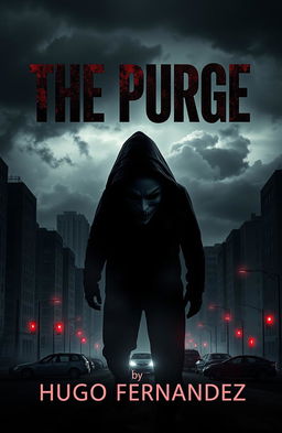 A captivating book cover design for 'The Purge' by Hugo Fernández, featuring a dark and dystopian cityscape backdrop with ominous clouds and dim lighting