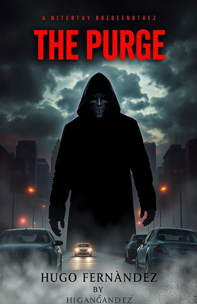 A captivating book cover design for 'The Purge' by Hugo Fernández, featuring a dark and dystopian cityscape backdrop with ominous clouds and dim lighting