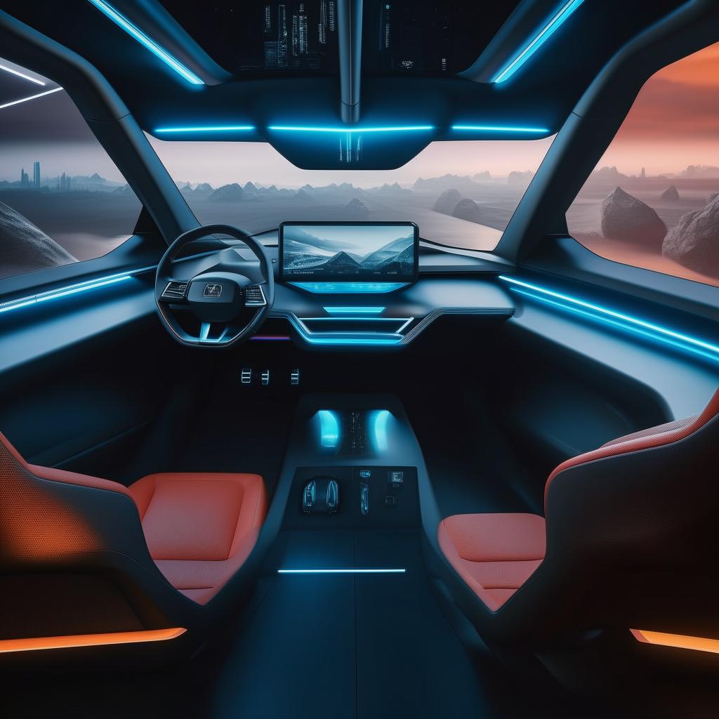 Inside the driver's cabin of a 4-door, state-of-the-art futuristic SUV packed with high-tech features and sleek design.