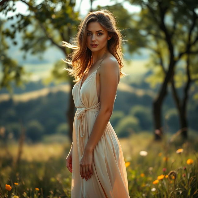 A tastefully artistic image of a woman standing confidently in a beautiful outdoor setting, wearing an elegant, flowing dress that subtly highlights her natural silhouette