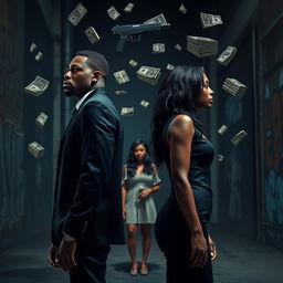 A striking scene featuring a black couple standing apart, both looking away from each other, conveying a sense of emotional distance and tension