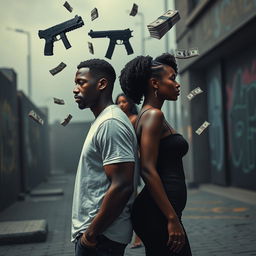 A striking scene featuring a black couple standing apart, both looking away from each other, conveying a sense of emotional distance and tension