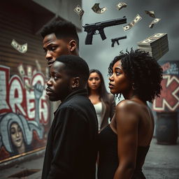 A striking scene featuring a black couple standing apart, both looking away from each other, conveying a sense of emotional distance and tension