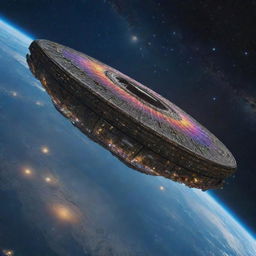 An intricately detailed, rectangular shaped alien spaceship floating in star-filled space above the planet Earth, dappled with various lights and colors.