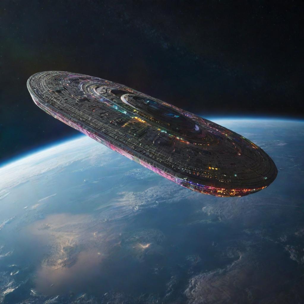 An intricately detailed, rectangular shaped alien spaceship floating in star-filled space above the planet Earth, dappled with various lights and colors.