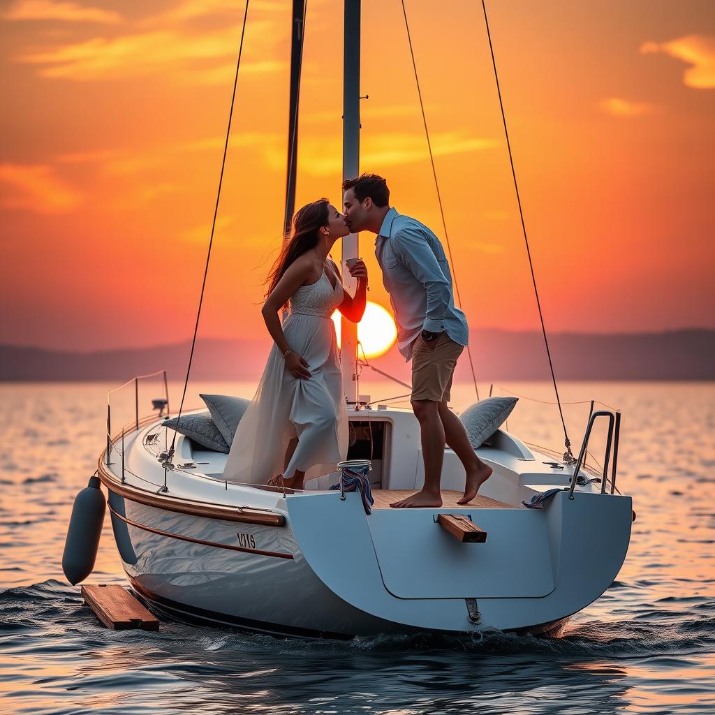 An intimate and romantic scene depicting a couple sharing a passionate kiss on a small, elegant sailboat anchored in a serene lake during sunset