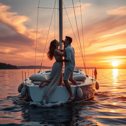 An intimate and romantic scene depicting a couple sharing a passionate kiss on a small, elegant sailboat anchored in a serene lake during sunset