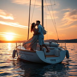 An intimate and romantic scene depicting a couple sharing a passionate kiss on a small, elegant sailboat anchored in a serene lake during sunset