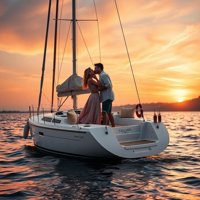 An intimate and romantic scene depicting a couple sharing a passionate kiss on a small, elegant sailboat anchored in a serene lake during sunset