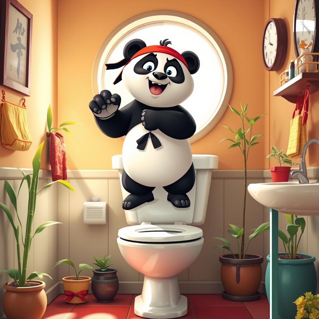 A whimsical and humorous scene featuring a cartoon panda, styled after Kung Fu Panda, humorously perched on a classic bathroom toilet