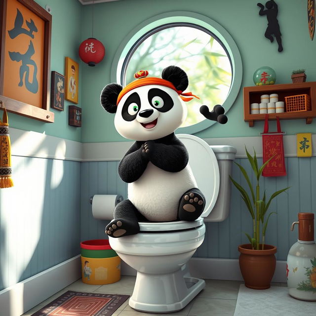 A whimsical and humorous scene featuring a cartoon panda, styled after Kung Fu Panda, humorously perched on a classic bathroom toilet