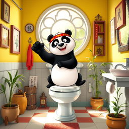 A whimsical and humorous scene featuring a cartoon panda, styled after Kung Fu Panda, humorously perched on a classic bathroom toilet