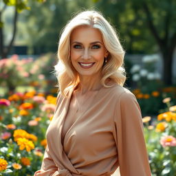 A stunning 40-year-old blonde woman exuding beauty, with radiant skin and elegant features, wearing a classy outfit that highlights her curves