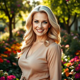 A stunning 40-year-old blonde woman exuding beauty, with radiant skin and elegant features, wearing a classy outfit that highlights her curves