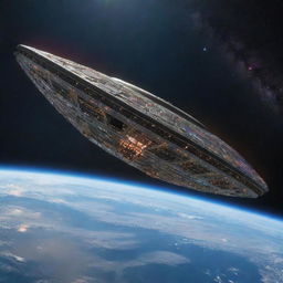 An intricately detailed, rectangular shaped alien spaceship floating in star-filled space above the planet Earth, dappled with various lights and colors.