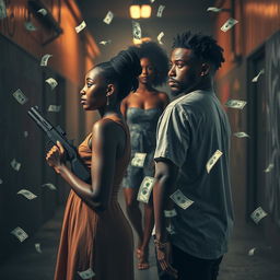 A powerful scene depicting a black couple standing apart, both looking away from each other, embodying emotional separation