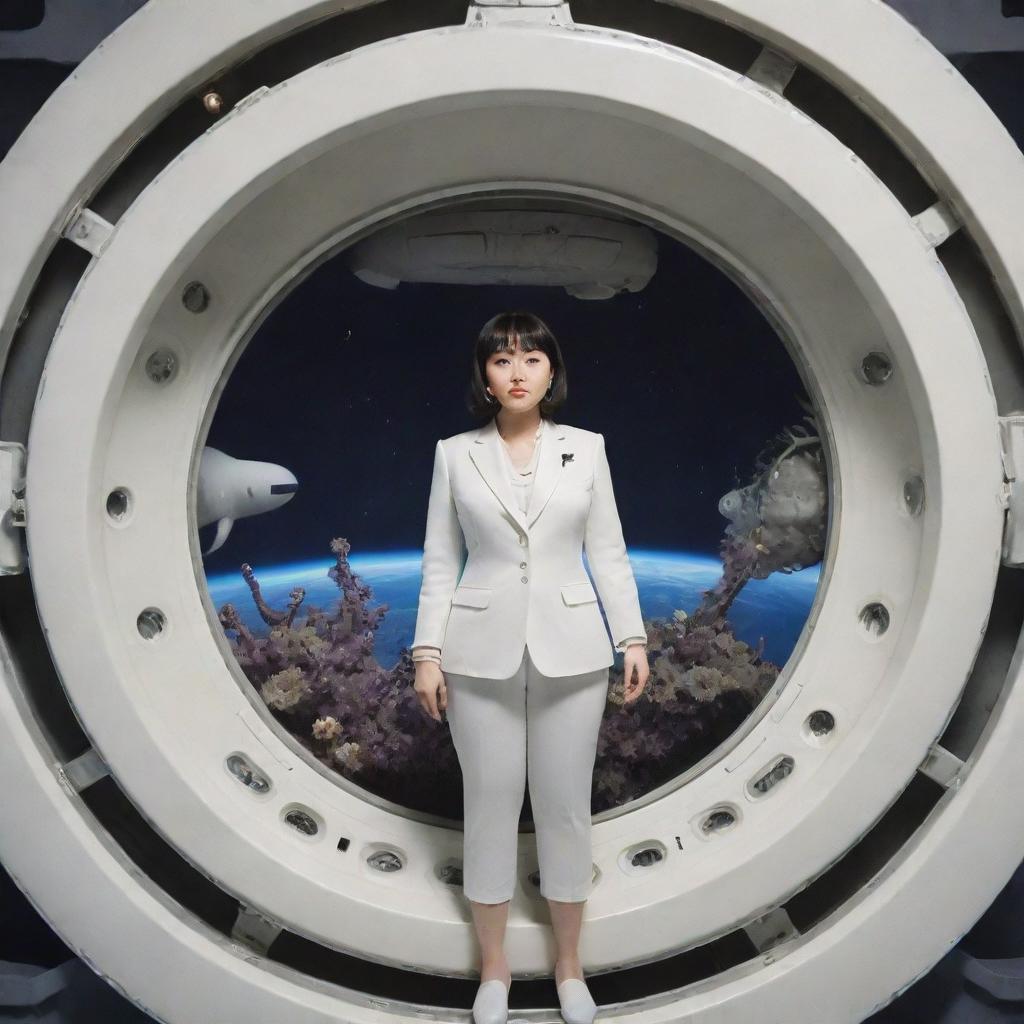 A round spaceship with multiple antennas, similar to a sea urchin. In a single rounded window, there's a view of a slightly overweight woman in a white suit, with Asian features. Behind her are the instruments of the spaceship and octopus-like tentacles.