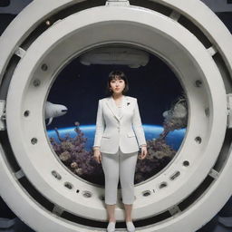 A round spaceship with multiple antennas, similar to a sea urchin. In a single rounded window, there's a view of a slightly overweight woman in a white suit, with Asian features. Behind her are the instruments of the spaceship and octopus-like tentacles.