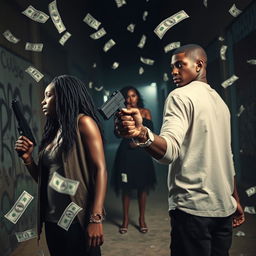 A powerful scene depicting a black couple standing apart, both looking away from each other, embodying emotional separation