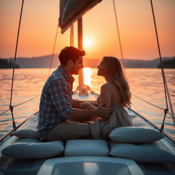 A romantic and intimate scene on a small sailboat at sunset, depicting a couple sharing a passionate moment together