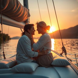 A romantic and intimate scene on a small sailboat at sunset, depicting a couple sharing a passionate moment together