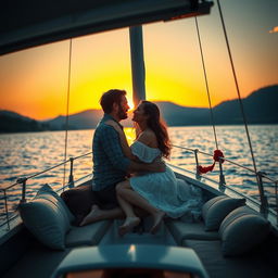 A romantic and intimate scene on a small sailboat at sunset, depicting a couple sharing a passionate moment together