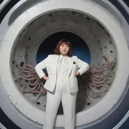 A round spaceship with multiple antennas, similar to a sea urchin. In a single rounded window, there's a view of a slightly overweight woman in a white suit, with Asian features. Behind her are the instruments of the spaceship and octopus-like tentacles.