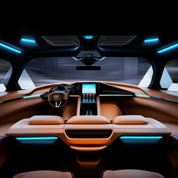 Inside the driver's cabin of a 4-door, state-of-the-art futuristic SUV packed with high-tech features and sleek design.