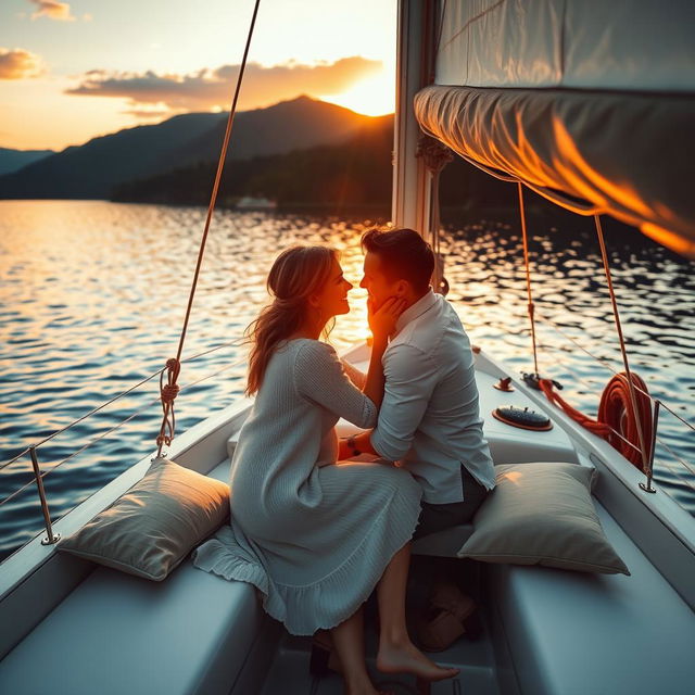 A romantic and intimate scene on a small sailboat at sunset, depicting a couple sharing a passionate moment together