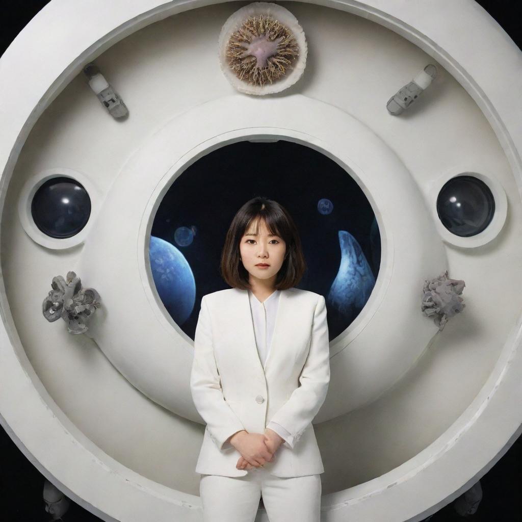 A round spaceship with multiple antennas, similar to a sea urchin. In a single rounded window, there's a view of a slightly overweight woman in a white suit, with Asian features. Behind her are the instruments of the spaceship and octopus-like tentacles.