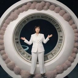 A round spaceship with multiple antennas, similar to a sea urchin. In a single rounded window, there's a view of a slightly overweight woman in a white suit, with Asian features. Behind her are the instruments of the spaceship and octopus-like tentacles.