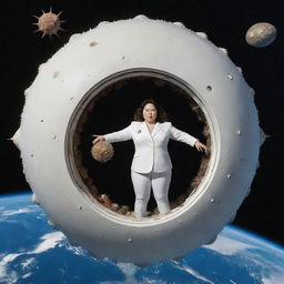 A round spaceship, resembling a sea urchin with even antennas, floats in space above Earth. Through one round window, a slightly overweight female figure with Asian features in a white suit can be seen, alongside spaceship instruments and octopus-like tentacles. The ship has spikes around it.