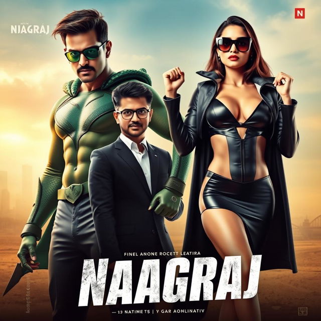 A vertical film poster for the movie titled 'Naagraj', depicting a superhero based on Indian folklore set in the fictional, high-tech smart city of Mahanagar