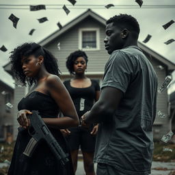 A compelling scene featuring a black couple standing apart, both looking away from each other, conveying emotional distance