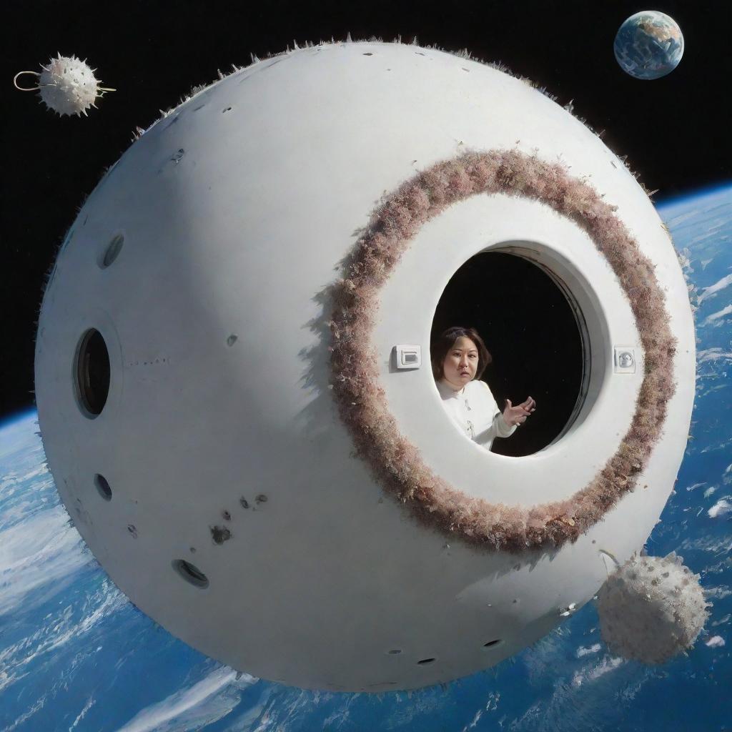 A round spaceship, resembling a sea urchin with even antennas, floats in space above Earth. Through one round window, a slightly overweight female figure with Asian features in a white suit can be seen, alongside spaceship instruments and octopus-like tentacles. The ship has spikes around it.