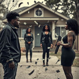 A compelling scene featuring a black couple standing apart, both looking away from each other, conveying emotional distance