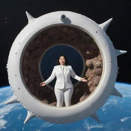 A round spaceship, resembling a sea urchin with even antennas, floats in space above Earth. Through one round window, a slightly overweight female figure with Asian features in a white suit can be seen, alongside spaceship instruments and octopus-like tentacles. The ship has spikes around it.