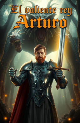 A brave king named Arthur, clad in shining armor, holding a gleaming sword in his right hand