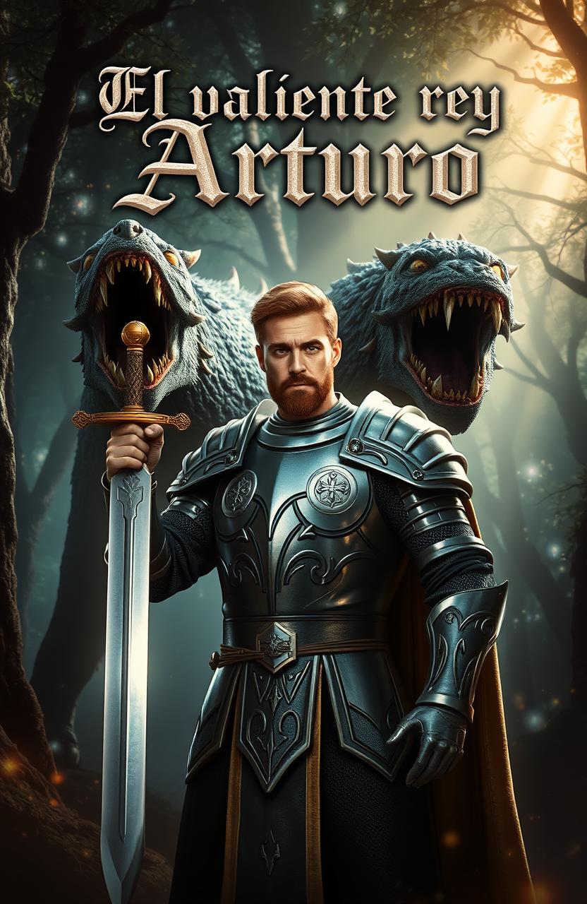 A brave king named Arthur, clad in shining armor, holding a gleaming sword in his right hand