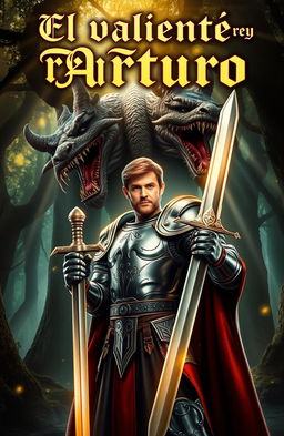 A brave king named Arthur, clad in shining armor, holding a gleaming sword in his right hand