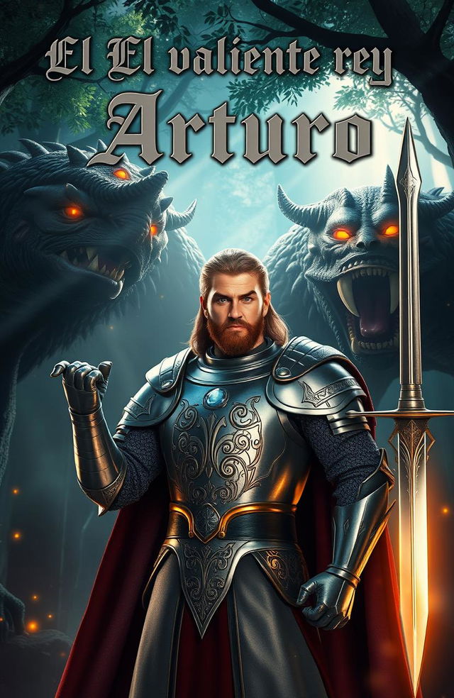 A brave king named Arthur, clad in shining armor, holding a gleaming sword in his right hand